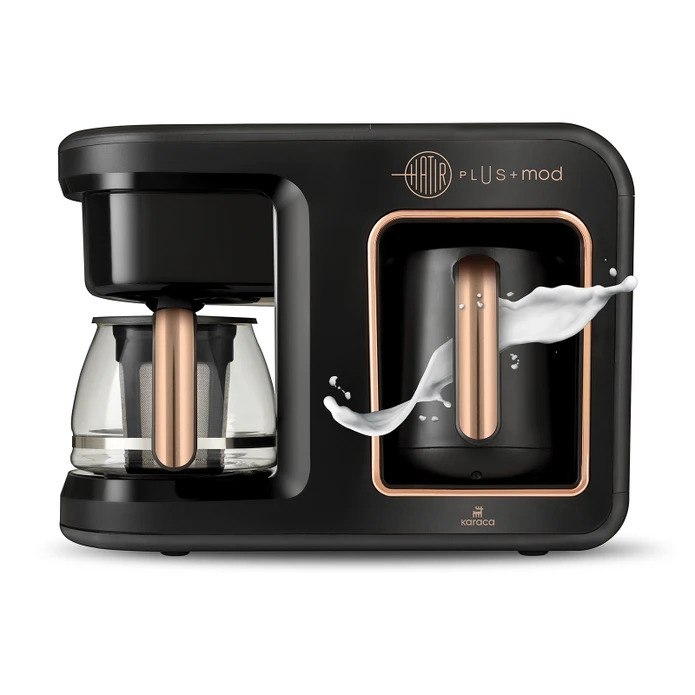 Karaca Hatır Plus 5 ın 1 Essential Közde Türk Kahvesi, Sütlü Türk Kahvesi, Sütlü İçecek Hazırlama, Filtre Kahve ve Çay Demleme Makinesi Black Chrome 10 Fincan İçecek Hazırlama Kapasiteli Bol Köpüklü